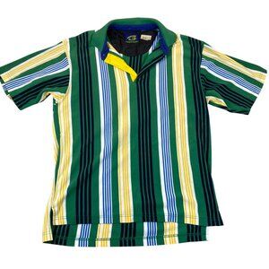Vintage Bugle Boy Mens Polo Shirt XL Short Sleeve Pinstriped Casual Retro Green